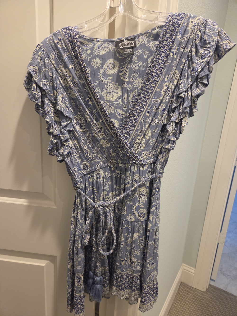 Angie Blue Floral Tie-Waist Dress Sz LARGE